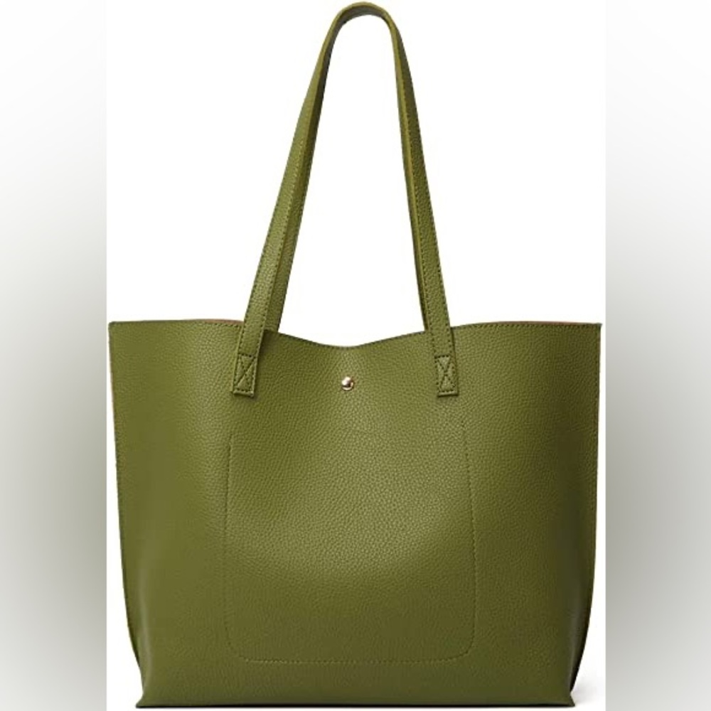 OLIVE GREEN SOFT FAUX LEATHER TOTE SHOULDER BAG - Picture 3 of 6